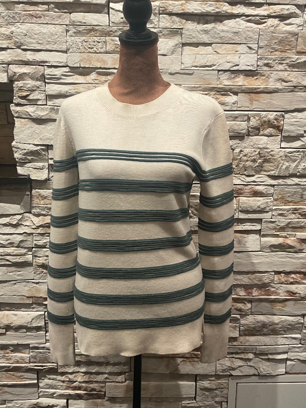 Veronica Beard Zareen Striped Merino Wool  Sweater, Color Cream/ Green, Size S